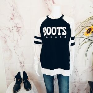 Roots Canada Logo Sweatshirt XL Black White Raglan Cabin Cozy Heritage Athleisur